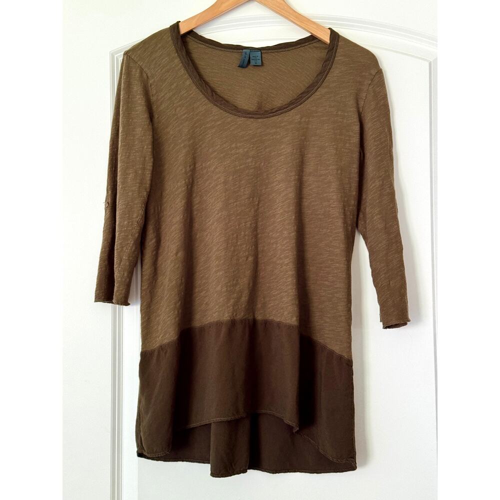 Anthropologie Left of Center Green Brown Slub Knit Colorblock Boho Tunic Top M